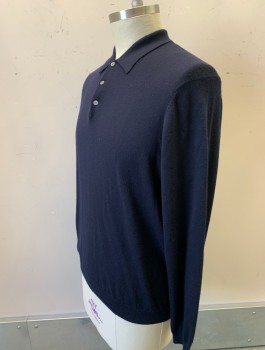 BROOKS BROTHERS, Navy Blue, Wool, Solid, Knit, Polo Style with Collar Attached, 3 Button Placket, L/S