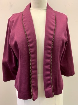 NL, Plum Purple, Wool, Rayon, Shawl Lapel with Scallop Shaped Trim, Open Front
