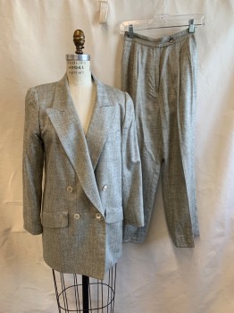 NL, Olive Green, Ivory White, Wool, Herringbone, Plaid-  Windowpane, Peaked Lapel, Padded Shoulders, Double Breasted, 4 Pearlized Buttons, 3 Pockets