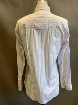 WRANGLER, White, Faded Red, Baby Blue, Cotton, Polyester, Stripes - Diagonal , Stripes - Vertical , Button Front, L/S, C.A., 2 Pockets, Pearl Snap Butons