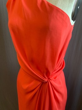 HALSTON HERITAGE, Coral Orange, Polyester, Solid, One Shoulder, Pleat Drape From Shoulder, Bloused to Waistband, Side Knot Front, Side Zip, Floor Length Hem