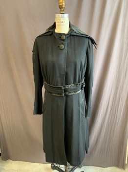 NL, Black, Wool, Cotton, Solid, W/ Velvet / Wool Belt, 2 Pocket, 2 Fastening Decorative Bulbs at Top, Velvet/Wool 2 Pice Layerd Extended Collar Above Shoulder Onto the Top of Back