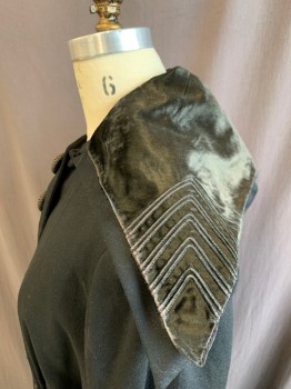 NL, Black, Wool, Cotton, Solid, W/ Velvet / Wool Belt, 2 Pocket, 2 Fastening Decorative Bulbs at Top, Velvet/Wool 2 Pice Layerd Extended Collar Above Shoulder Onto the Top of Back