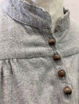 N/L MTO, Gray, Cotton, Solid, Flannel, L/S, 8 Small Wood Buttons at Front, Band Collar,  Gathered Yoke Across Upper Chest, Made To Order, Lightly Worn/Pilled, Made To Order