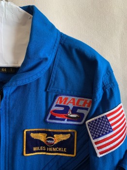 GIBSON + BARNES, Blue, Poly/Cotton, Solid, C.A., Zip Front, 2 Chest Pockets, 5 Cargo Pockets, Velcro At Waist, 1 Pocket At Left Arm, Zippers At Legs, "NASA" Patch On Right, "MILES HENKLE" And "MACH 25" Patch On Left Chest, USA Patch On Left Arm, Space Shuttle Patch with 1981-2001 On Right Arm