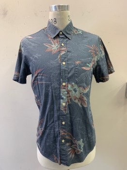QUICKSILVER, Dk Gray, Red, Cotton, Hawaiian Print, C.A., Button Front, S/S, 1 Pocket,
