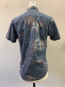 QUICKSILVER, Dk Gray, Red, Cotton, Hawaiian Print, C.A., Button Front, S/S, 1 Pocket,