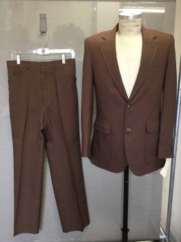 HAGGAR, Brown, Wool, Solid, Notched Lapel, Single Breasted, 2 Button Front, Long Sleeves, W/light Golden Brown Lining