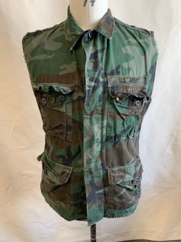 PROPPER, Olive Green, Green, Brown, Cotton, Camouflage, Cut Off Sleeves, Button Front, 4 Pockets