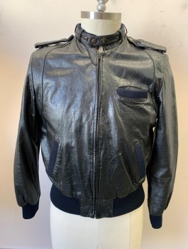 COOPER LEATHER, Black, Leather, Solid, Zip Front, Stand Collar With Strap, Rib Knit Waistband, Pockets & Cuffs, Epualettes