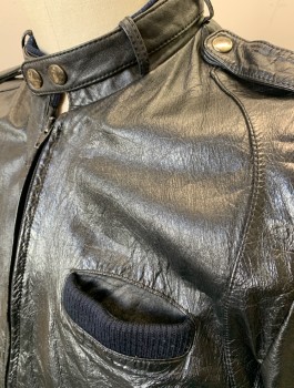 COOPER LEATHER, Black, Leather, Solid, Zip Front, Stand Collar With Strap, Rib Knit Waistband, Pockets & Cuffs, Epualettes