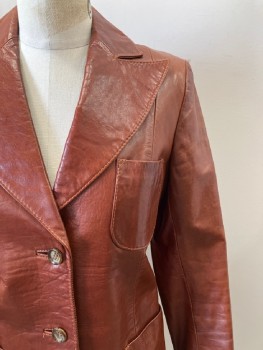 BEGED OR, Brown, Leather, Solid, C.A., Peaked Lapel, SB. 3 Pockets, Pick Stitching, Vertical Seam