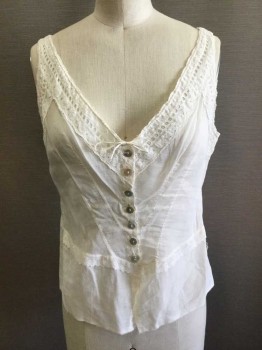 N/L, Off White, Cotton, Solid, Sheer Cotton Cami, Mother Of Pearl Button Front, V-neck, Lace Trimmed, Peplum, Raw Hem, Lace Waist Detail