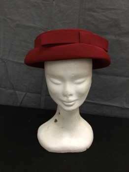 IMAGNIN, Dk Red, Silk, Straw, Solid, Pill Box, Dark Red Silk Covered Straw Pillbox with Curved Down Brim and Self Bow Detail.