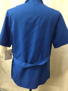 META, Royal Blue, Polyester, Cotton, Solid, Short Sleeves, Zip Front, Collar Attached, 4 Pockets, Self Belt Tab Back