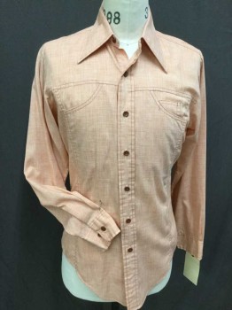 JC PENNY, Orange, Cream, Poly/Cotton, Top Stitches, Collar Attached, Button Front, Wedge Detail Pocket, Long Sleeves,