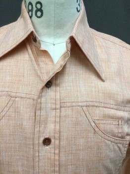 JC PENNY, Orange, Cream, Poly/Cotton, Top Stitches, Collar Attached, Button Front, Wedge Detail Pocket, Long Sleeves,