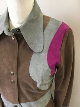 BILL HARGATE, Brown, Gray, Fuchsia Pink, Suede, Color Blocking, Made to Order, Full Length, Snap Close, Lined, Nice Clean Condition,
