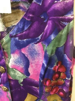 ALL THAT JAZZ, Purple, Navy Blue, Tobacco Brown, Red, Magenta Purple, Rayon, Abstract , Gold Button Front, Abstract Fruit and Floral Print, V.neck, Sleevelerss, Wide Leg Shorts, Late 80's Early 90's