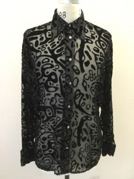 LIVE COLLECTION, Black, Synthetic, Novelty Pattern, Amoeba-like Shape Velvet Burnout, Pointed Collar Attached, Long Sleeves, Silver/Black Button Front
