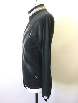 MTO, Black, Silver, Polyester, Spandex, Color Blocking, Reptile/Snakeskin, Long Sleeve Bodysuit with Finger Stirrups, Stand Collar, Back Zipper, Power Mesh Over Spandex with Shiny Geometric Design on Front, Snap Crotch, Cotton Fitted Vest Back Zipper Understructure, Hook & Eyes for Attaching to Matching Shrug, Multiple