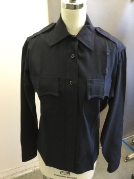 ELBECO, Navy Blue, Polyester, Solid, Button Front. 2 Pockets, Long Sleeves,