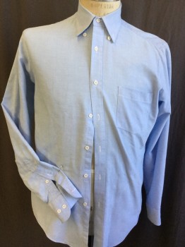 OAKTON, Baby Blue, Cotton, Polyester, Solid, Collar Attached, Button Down, Button Front, Long Sleeves, 1 Pocket