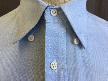 OAKTON, Baby Blue, Cotton, Polyester, Solid, Collar Attached, Button Down, Button Front, Long Sleeves, 1 Pocket
