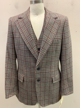 N/L, Khaki Brown, Red, Navy Blue, Brown, Gray, Wool, Plaid, 2 Button Front, Notched Lapel, 3 Pockets,
