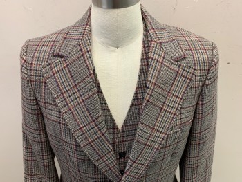 N/L, Khaki Brown, Red, Navy Blue, Brown, Gray, Wool, Plaid, 2 Button Front, Notched Lapel, 3 Pockets,