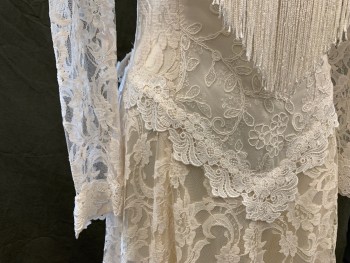 MARTIN MCCREA, Eggshell White, Polyester, Solid, Floral, Floral Lace Over Satin, V-neck, Passementerie Over Mesh V-neck with Beading V Shape at Neck with Fringe, Sheer Lace Long Sleeves, Floral Lace White Trim, Zip Back, Jagged Hem with Fringe, with Attached Train,