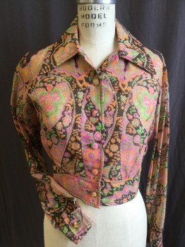FOX 25, Brown, Pink, Lime Green, Orange, Polyester, Linen, Floral, Paisley/Swirls, Collar Attached, Self Cover Button Front, Long Sleeves, 2.5" Waistband, Short Jacket