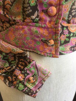 FOX 25, Brown, Pink, Lime Green, Orange, Polyester, Linen, Floral, Paisley/Swirls, Collar Attached, Self Cover Button Front, Long Sleeves, 2.5" Waistband, Short Jacket