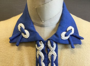 RUBY, Cream, Cornflower Blue, White, Wool, Beaded, Solid, Cardigan, Cream Knit with Cornflower Woven Collar Attached, Short Sleeves, White Beading Detail at Front Placket and Collar, Hook & Eye Closures at Front,
