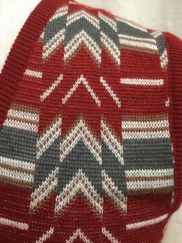 CACHAREL, Cranberry Red, Gray, White, Brown, Wool, Acrylic, Geometric, Chevron, Pull On, V-neck, Rib Knit Trims and Waistband,
