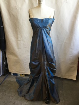 MTO, Iridescent Blue, Silk, Solid, Long Dress (underneath):  Square Neck, Peeping Cream Lace Straps, High Waisted with Hidden Fan Pleat Front Center & 3 Large Horizontal Pleat Front Skirt, Low V-back with Reversed Kick Pleat Drape with Long Train,