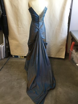 MTO, Iridescent Blue, Silk, Solid, Long Dress (underneath):  Square Neck, Peeping Cream Lace Straps, High Waisted with Hidden Fan Pleat Front Center & 3 Large Horizontal Pleat Front Skirt, Low V-back with Reversed Kick Pleat Drape with Long Train,