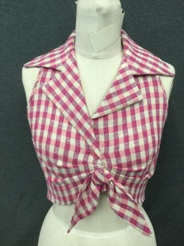 MTO, Magenta Pink, Pink, White, Linen, Plaid, Sleeveless Shirt, Collar Attached, Notched Lapel, Button Front, Horizontal Pleats From Center Front, Shorter in Front, Bow Front Detail