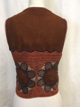 MTO, Brick Red, Brown, Maroon Red, Beige, Cotton, Leather, Floral, Multiple, Boho Hippy, Crochet with Suede Floral Inserts, Button Front, V-neck, Aged