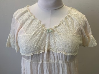 FRANKLIN SIMON & CO, Lt Pink, Cream, Silk, Solid, Crepe De Chine with Cream Lace X Shaped Inset at Bust/Shoulders, Cap Sleeves, Round Drawstring Neck, Empire Waist, Light Green Velvet Bow at Center Front Neck,