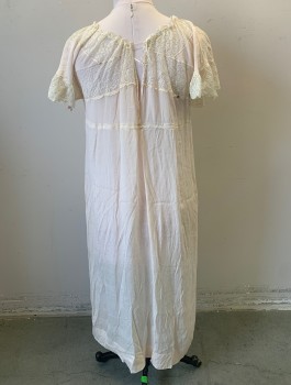 FRANKLIN SIMON & CO, Lt Pink, Cream, Silk, Solid, Crepe De Chine with Cream Lace X Shaped Inset at Bust/Shoulders, Cap Sleeves, Round Drawstring Neck, Empire Waist, Light Green Velvet Bow at Center Front Neck,