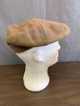 PORTIS, Lt Brown, Wool, Cashmere, Traditional 8 Panel Newsboy , Two Color of Yarns Bluish and Reddish Wool Woven Using  Herringbone Weave Into Solid Tweed, Snap Brim Slight Wear and Faded on Edge of Cap ,small Hole Backside Right Panel