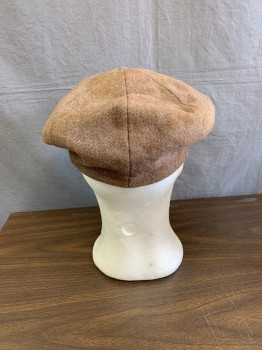 PORTIS, Lt Brown, Wool, Cashmere, Traditional 8 Panel Newsboy , Two Color of Yarns Bluish and Reddish Wool Woven Using  Herringbone Weave Into Solid Tweed, Snap Brim Slight Wear and Faded on Edge of Cap ,small Hole Backside Right Panel