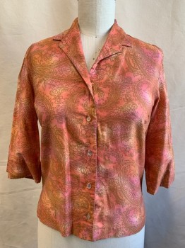 K6, Pink, Mauve Pink, Gold, Cotton, Tie-dye, Paisley/Swirls, Gold Paisley Pattern Over Pink/Mauve Tie Dye, Button Front, Notched Collar Attached, 3/4 Sleeve
