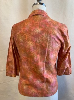 K6, Pink, Mauve Pink, Gold, Cotton, Tie-dye, Paisley/Swirls, Gold Paisley Pattern Over Pink/Mauve Tie Dye, Button Front, Notched Collar Attached, 3/4 Sleeve