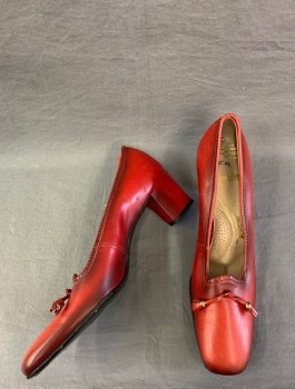 RAMBLERS, Red, Leather, Solid, Heels, Square Toe, Small Self Bow Detail at Toe with Gold Tipped Tassles, Chunky 2 Inch Heels