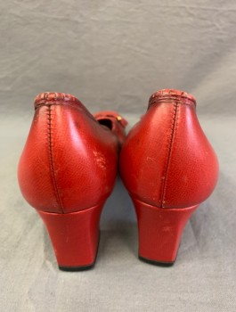RAMBLERS, Red, Leather, Solid, Heels, Square Toe, Small Self Bow Detail at Toe with Gold Tipped Tassles, Chunky 2 Inch Heels