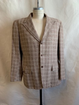 DAVID'S , Tan Brown, Multi-color, Wool, Plaid, Single Breasted, 3 Buttons, Peaked Lapel, 3 Pockets, Western Yoke, 2 Button Cuffs *3 Buttons Missing on Cuffs*