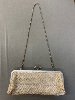 COACH, Beige, Silver, Lt Beige, Synthetic, Heathered, Silver, Beige, Light Beige Herringbone, Silver Trim, 2 Large "Diamond" Closure, Silver Ball Chain Strap