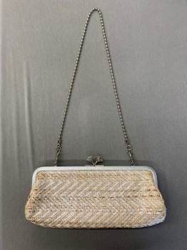 COACH, Beige, Silver, Lt Beige, Synthetic, Heathered, Silver, Beige, Light Beige Herringbone, Silver Trim, 2 Large "Diamond" Closure, Silver Ball Chain Strap